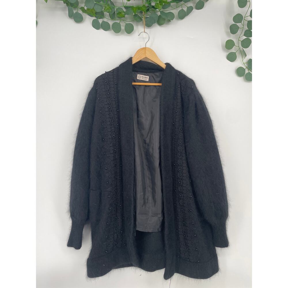 VTG 90's Black Front Beaded Crochet Angora Open Long Sleeved Lined Coat